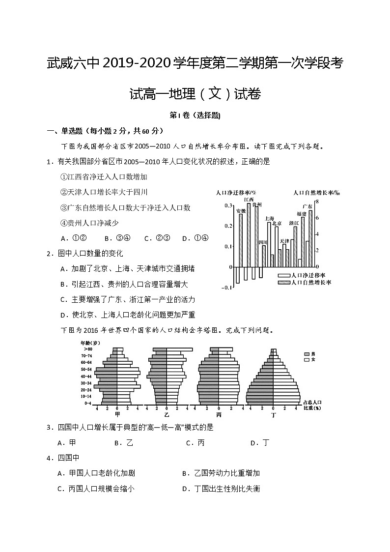 甘肃省武威六中2019-2020学年高一下学期第一次学段考试（期中）地理试题01
