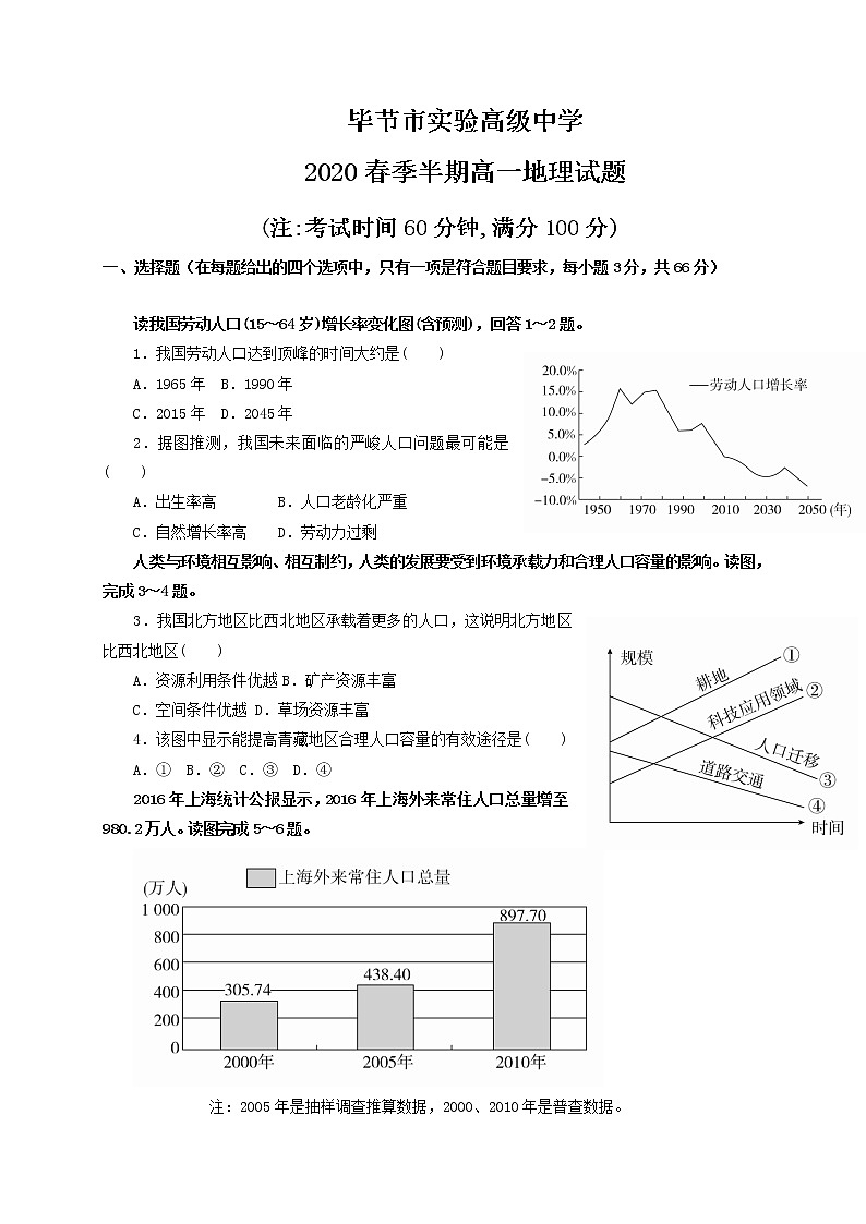 贵州省毕节市实验高级中学2019-2020学年高一下学期期中考试地理试题01