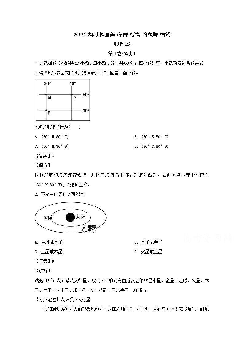 四川省宜宾市第四中学2019-2020学年高一上学期期中考试地理试题01