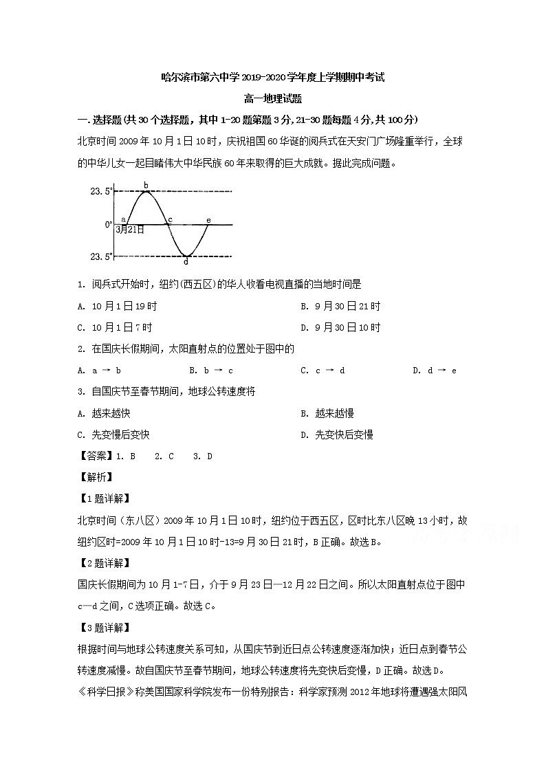 黑龙江省哈尔滨市第六中学2019-2020学年高一上学期期中考试地理试题01