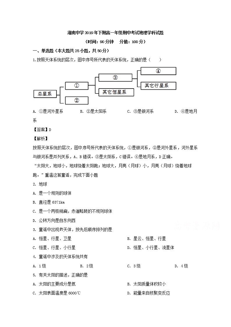 湖南省郴州市湘南中学2019-2020学年高一上学期期中考试地理试题01