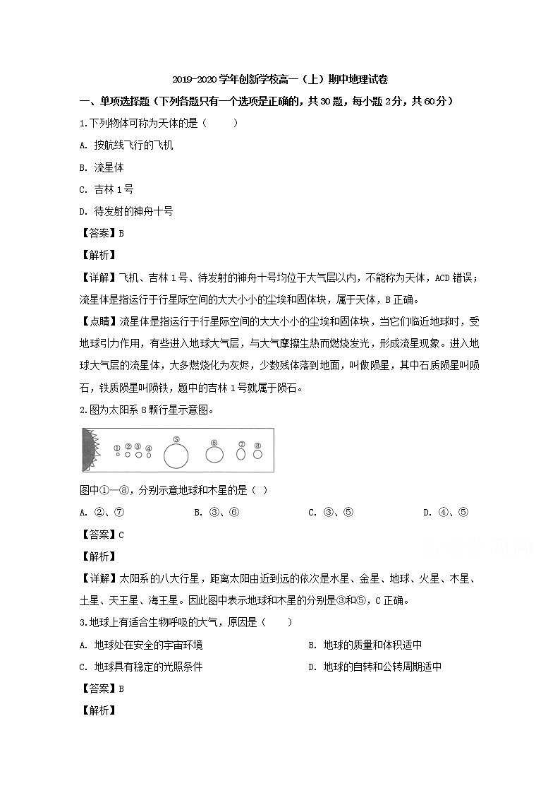 湖南省邵阳市邵东县创新实验学校2019-2020学年高一上学期期中考试地理试题01