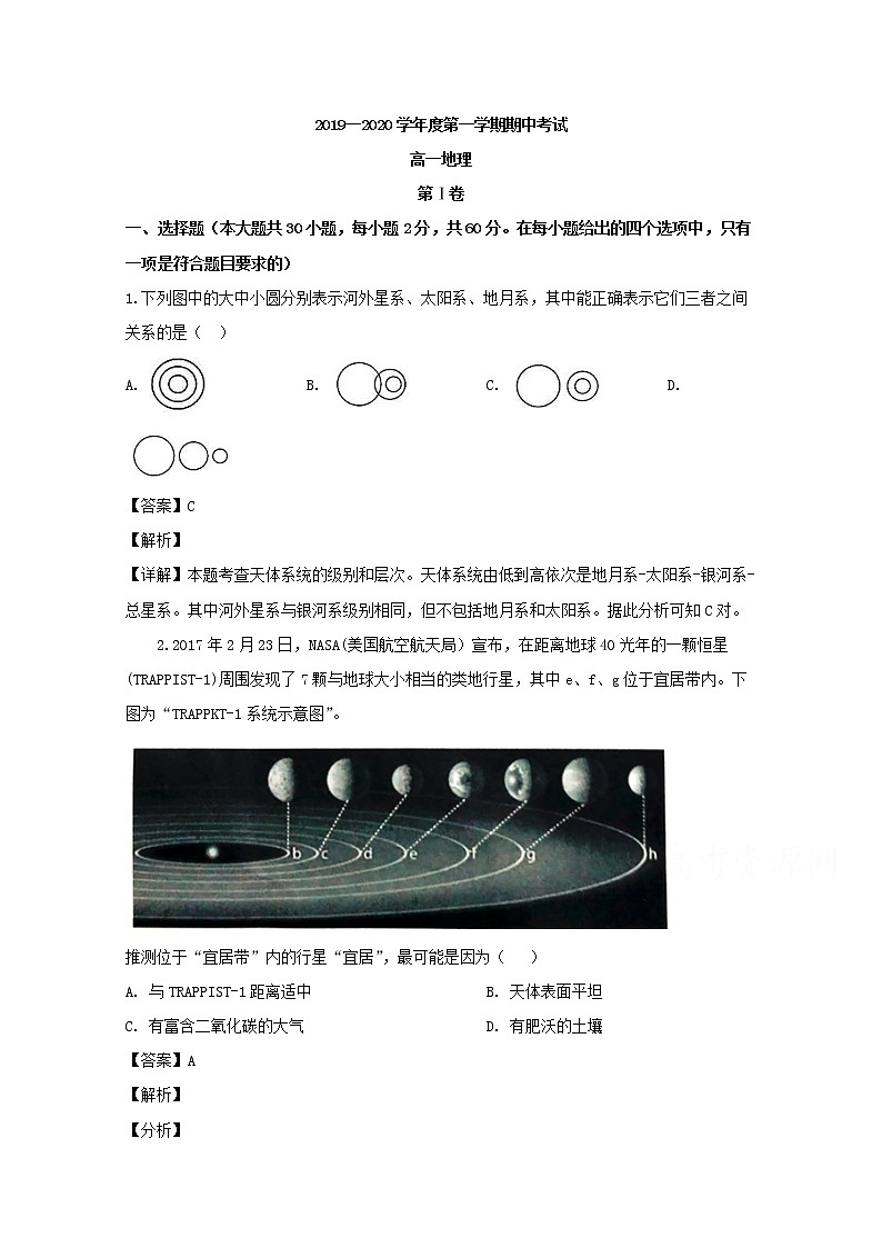 吉林省吉化第一高级中学校2019-2020学年高一上学期期中考试地理试题01