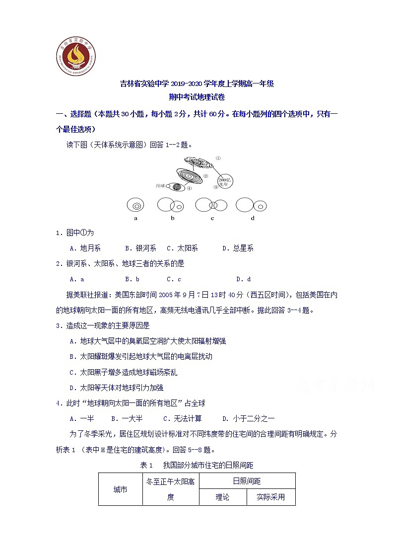 吉林省实验中学2019-2020学年高一上学期期中考试地理试题01