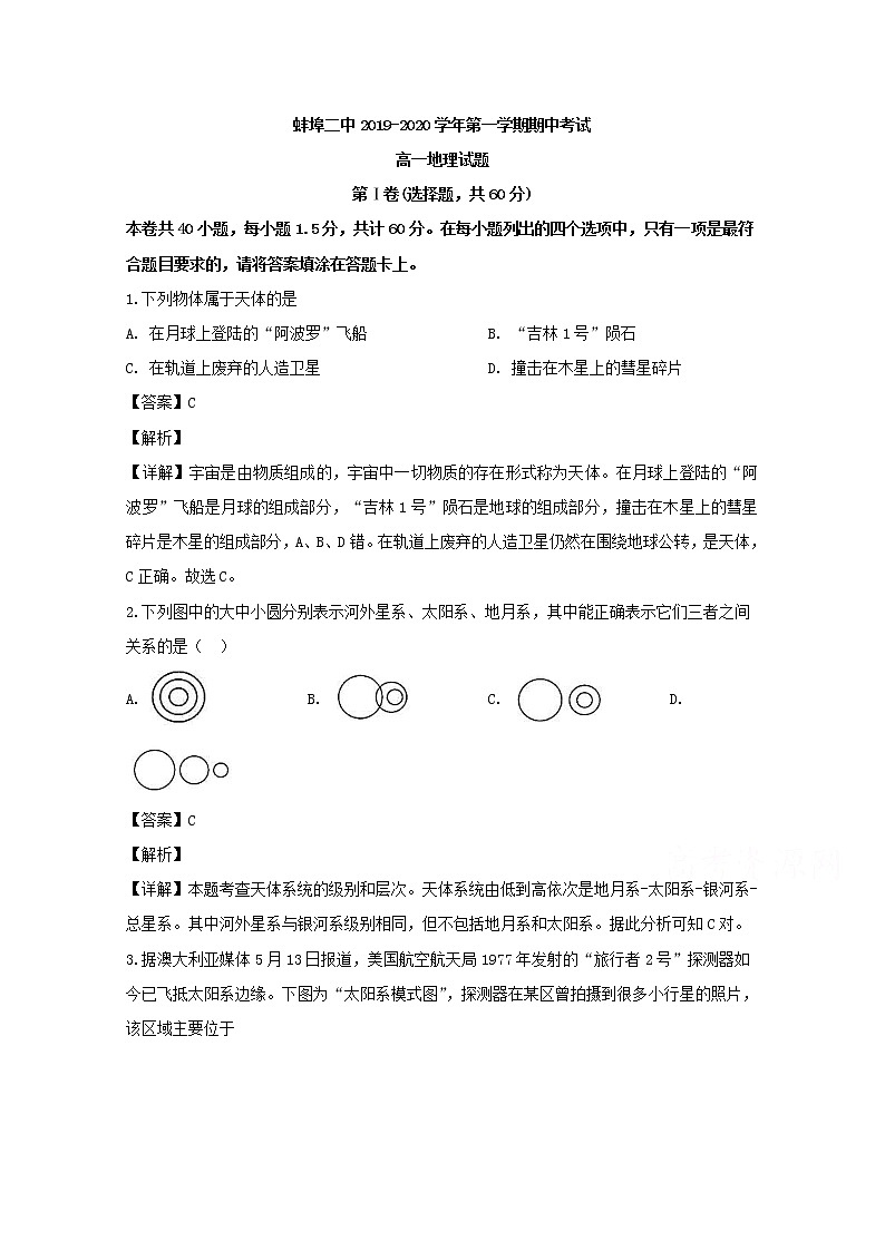 安徽省蚌埠市第二中学2019-2020学年高一上学期期中考试地理试题01