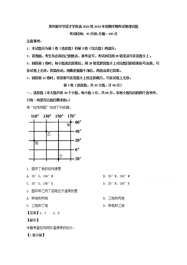 贵州省毕节市梁才学校2019-2020学年高一上学期期中考试地理试题01
