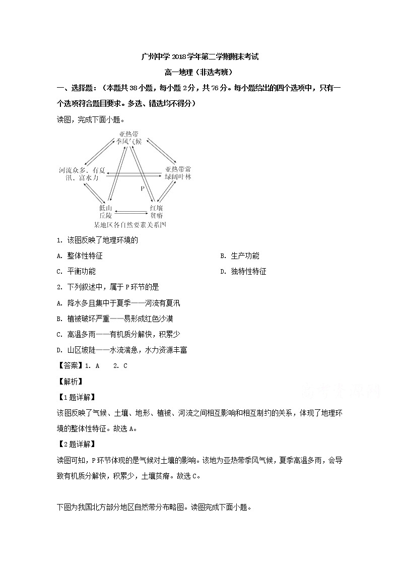 广东省广州中学2018-2019学年高一下学期期末考试地理（非选考班）01