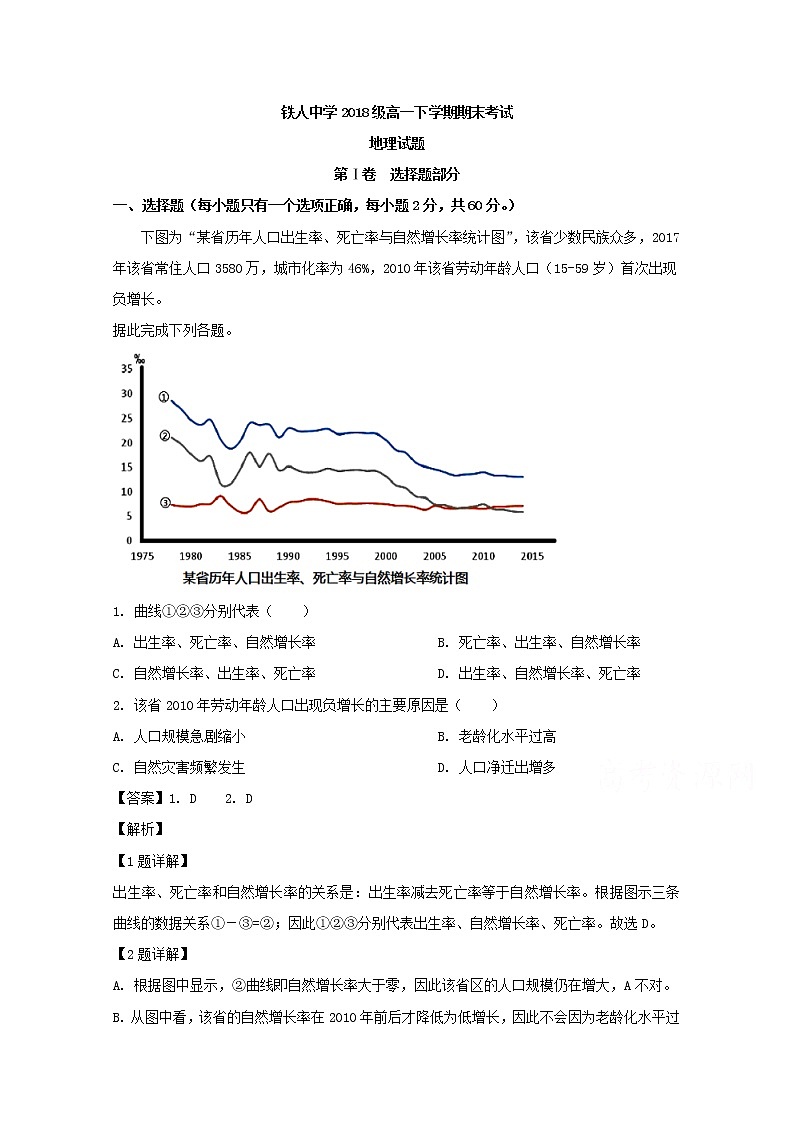 黑龙江省大庆铁人中学2018-2019学年高一下学期期末考试地理试题01