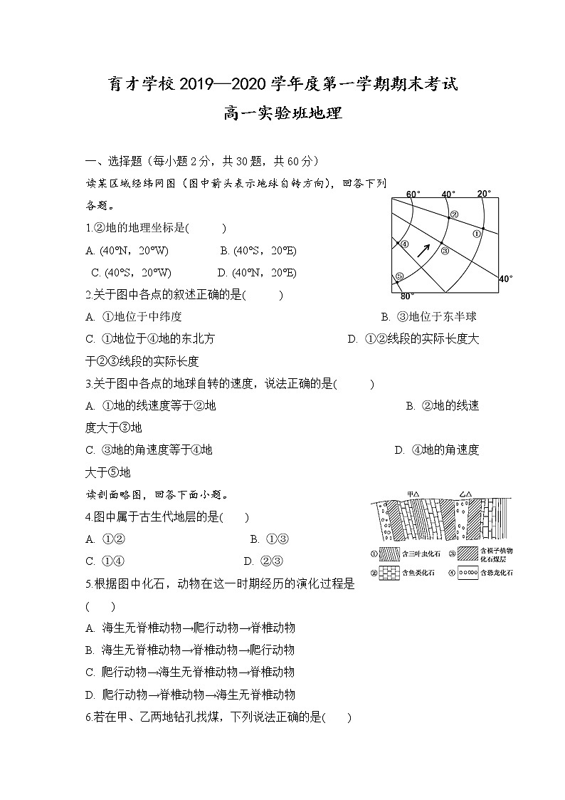 安徽省滁州市定远县育才学校2019-2020学年高一（实验班）上学期期末考试地理试题01