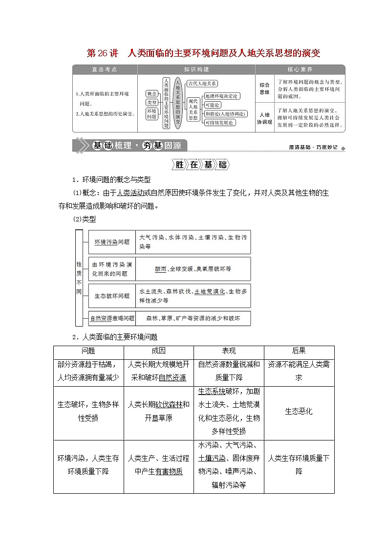 2021高考地理一轮复习第八章人类与地理环境的协调发展第26讲人类面临的主要环境问题及人地关系思想的演变教案湘教版01