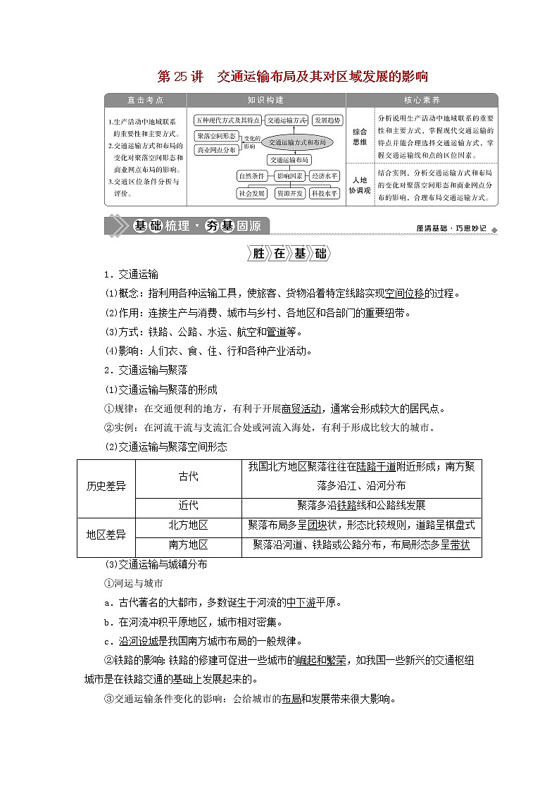 2021高考地理一轮复习第七章区域产业活动第25讲交通运输布局及其对区域发展的影响教案湘教版01