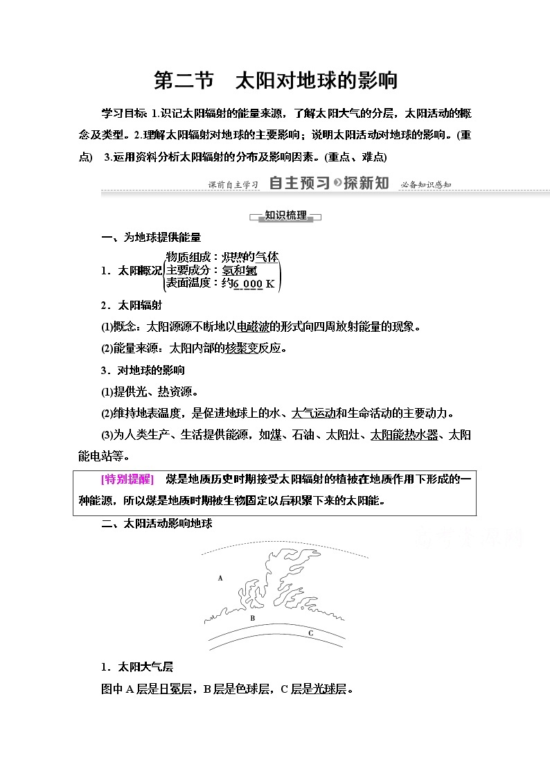 2020-2021学年地理人教版必修1教师用书：第1章第2节　太阳对地球的影响01