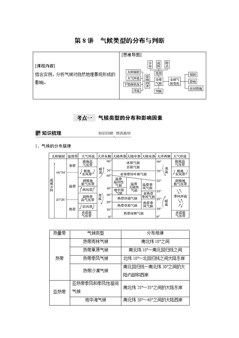2021年高考地理一轮复习 第1部分 自然地理 第3章 第8讲　气候类型的分布与判断 教案01