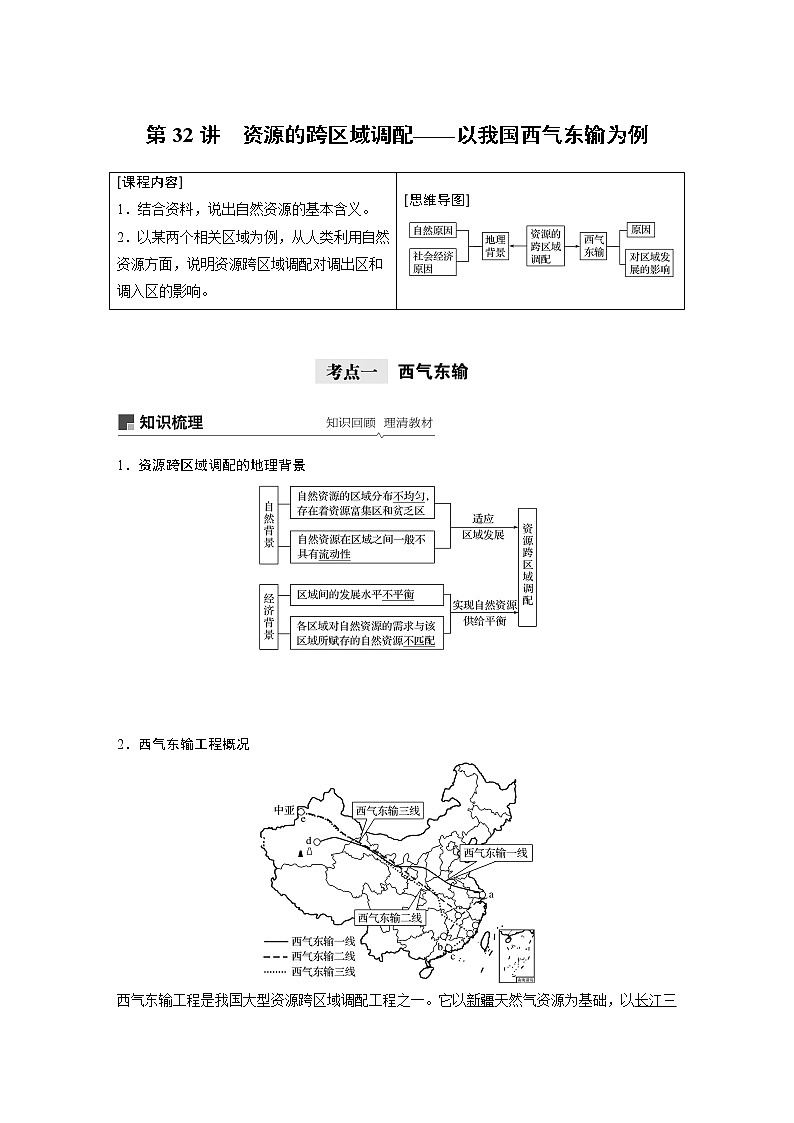 2021年高考地理一轮复习 第3部分 区域发展 第2章 第32讲　资源的跨区域调配——以我国西气东输为例 教案01