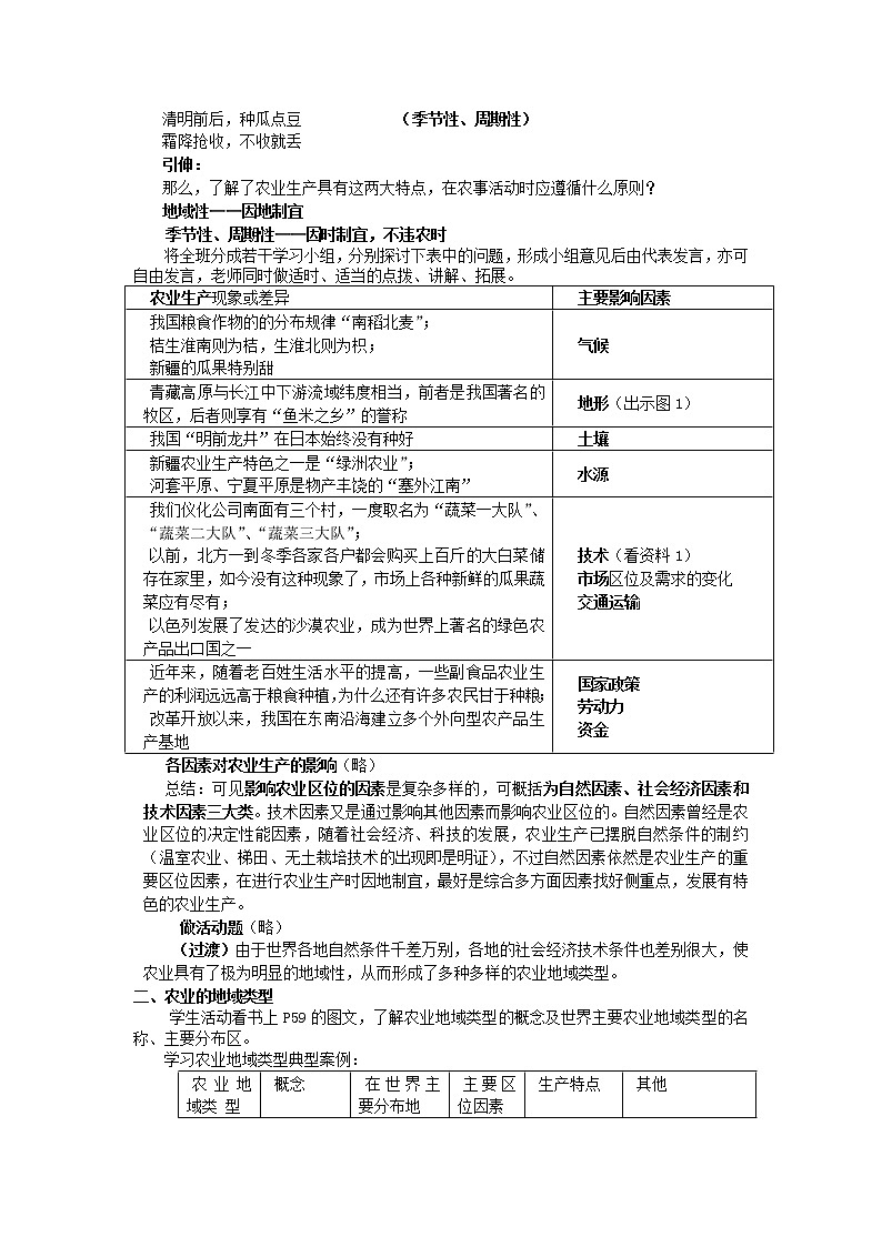 2018-2019学年高一地理鲁教版必修2新课教学过程（2）：第3单元第1节农业生产与地理环境 教案02