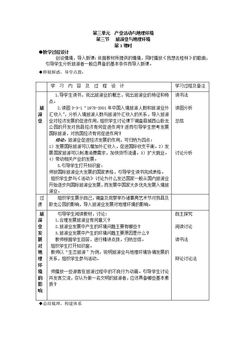 2018-2019学年高一地理鲁教版必修2新课教学过程（1）：第3单元第3节旅游业与地理环境（选学） 教案01