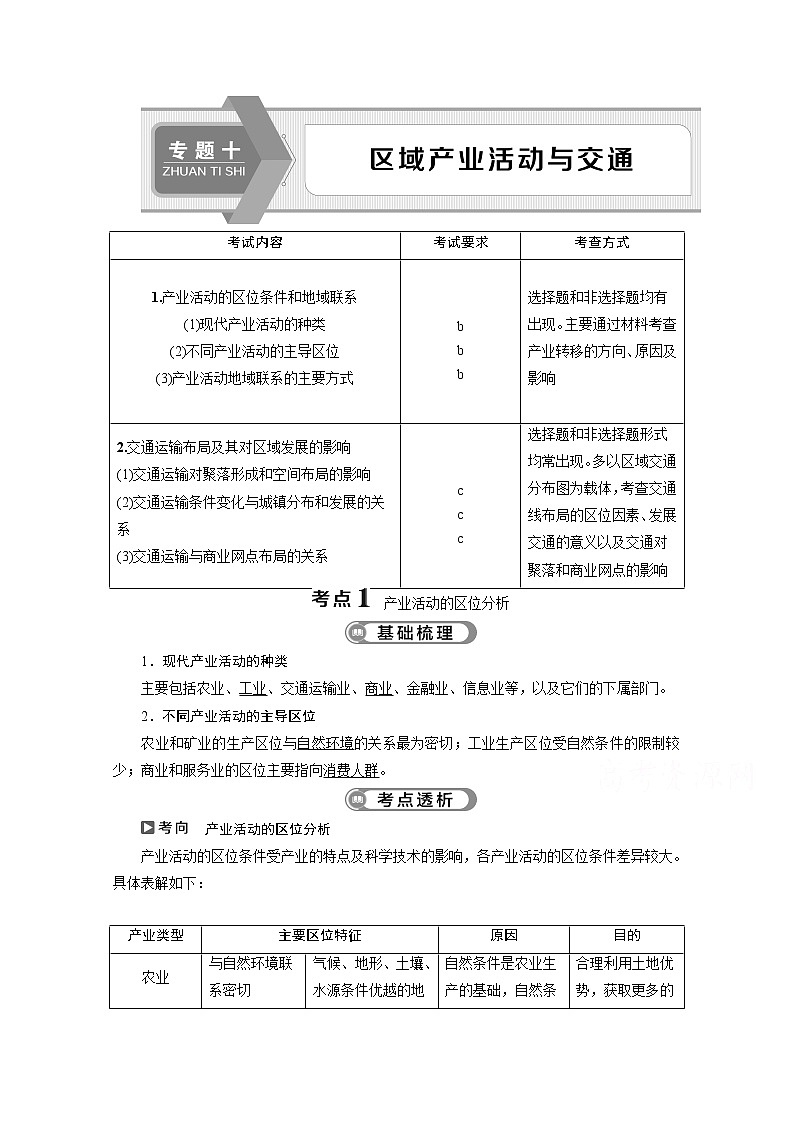 2020浙江高考地理二轮讲义：专题十　区域产业活动与交通01