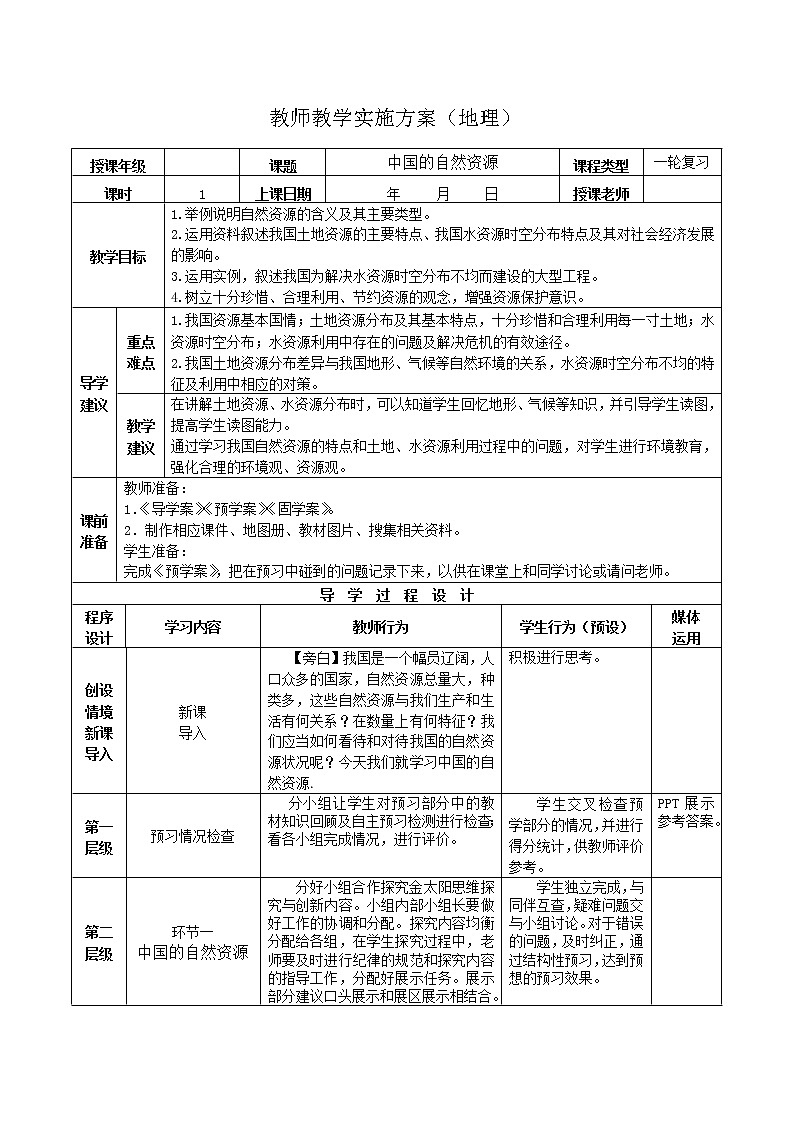2019年高考地理区域地理复习教案：中国地理中国的自然资源01