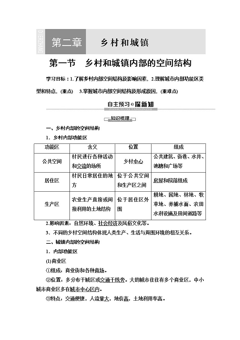 （新教材）2019-2020学年中图版地理必修第二册：第2章第1节　乡村和城镇内部的空间结构 教师用书01