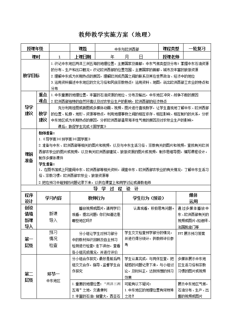 2019年高考地理区域地理复习教案：世界地理中东、欧洲西部第1页
