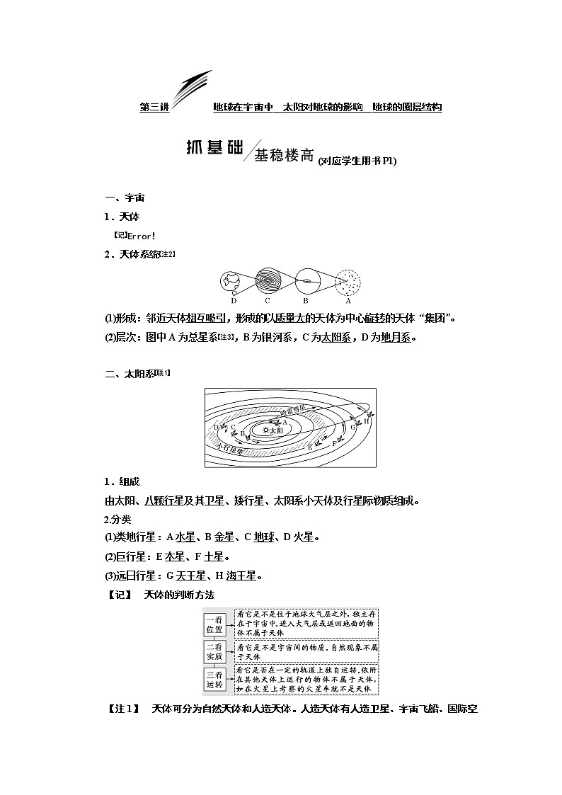 2020高考地理新一线大一轮中图版讲义：模块一第一章第三讲地球在宇宙中太阳对地球的影响地球的圈层结构01