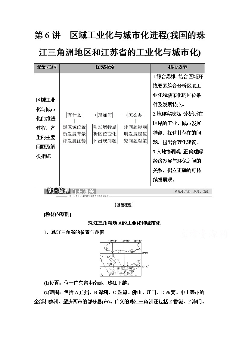 2021高考地理一轮湘教版教师用书：第3部分第10章第6讲　区域工业化与城市化进程（我国的珠江三角洲地区和江苏省的工业化与城市化）01