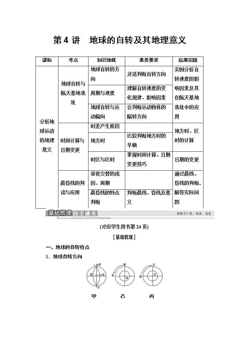 2021高考地理精准大一轮复习新高考地区专用讲义：第1章第4讲　地球的自转及其地理意义01
