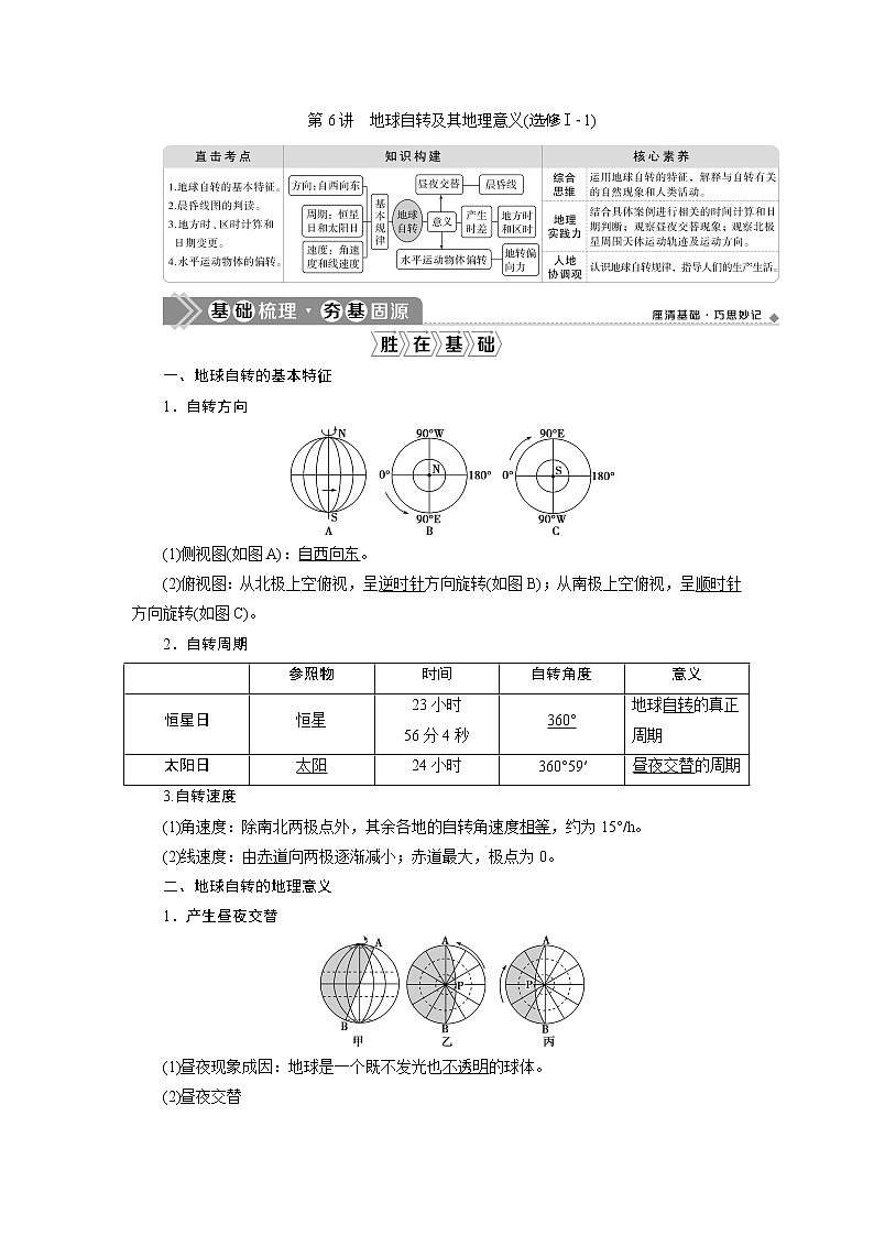 2021版新高考选考地理（人教版）一轮复习教师用书：第6讲　地球自转及其地理意义01