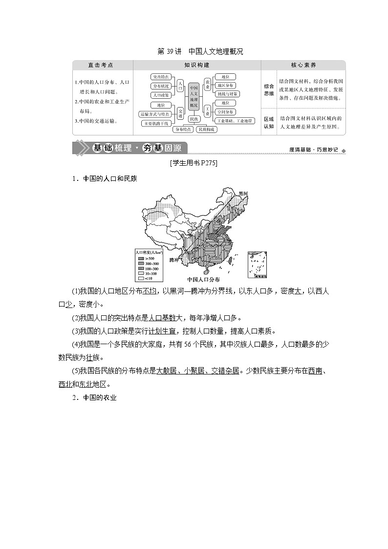 2021版高考地理（鲁教版）一轮复习教师用书：第39讲　中国人文地理概况01