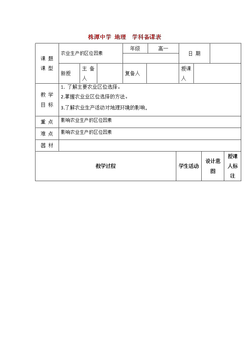 江西省万载县株潭中学高中地理必修2教案：3.1农业区位因素01