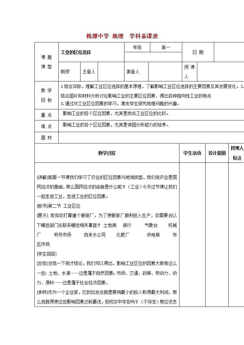 江西省万载县株潭中学高中地理必修2教案：3.2工业区位01