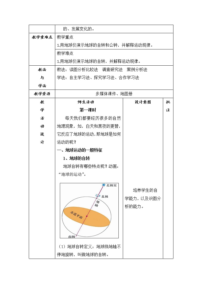 陕西省石泉县江南高级中学高中地理必修一：1.3地球运动第一课时教案02