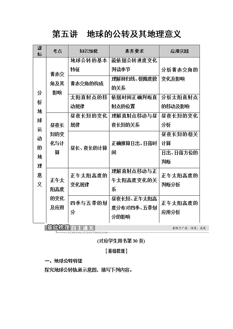 2021版高考地理（鲁教版）一轮复习讲义：第1单元第5讲　地球的公转及其地理意义01