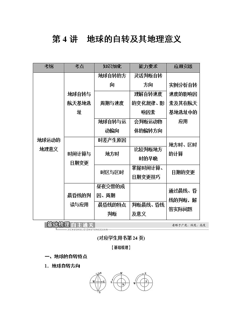 2021版高考地理（中图版）一轮复习学案：第1部分第1章第4讲　地球的自转及其地理意义01