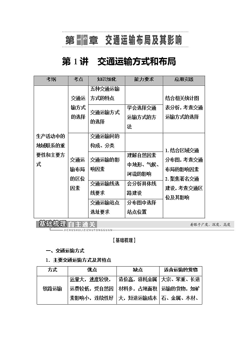 2021版新高考地理（人教版）一轮复习教师用书：第2部分第10章第1讲　交通运输方式和布局第1页