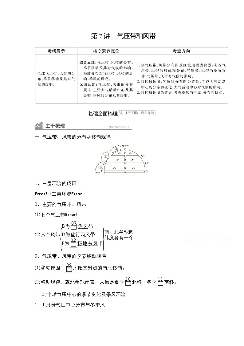 2021高三统考人教地理（经典版）一轮学案：第一部分第二章第7讲气压带和风带01