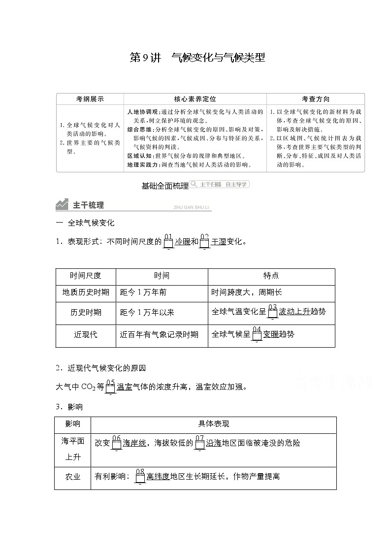 2021高三统考人教地理（经典版）一轮学案：第一部分第二章第9讲气候变化与气候类型01