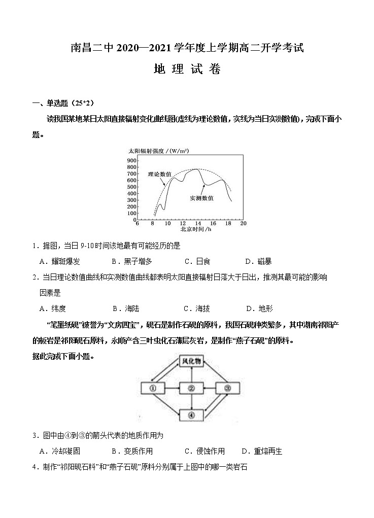 江西省南昌二2020-2021学年中高二上学期开学考试 地理（含答案）01