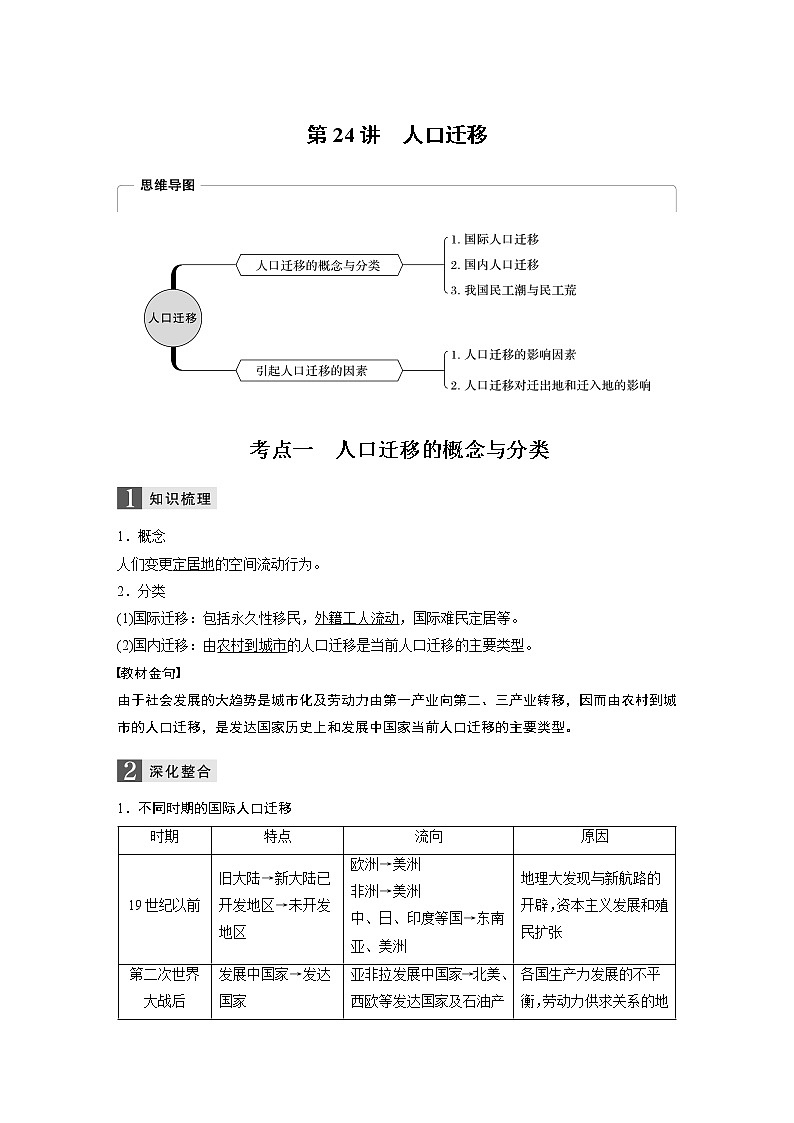 2020版地理新导学浙江选考大一轮精讲讲义：必修Ⅱ第一章第24讲　人口迁移01