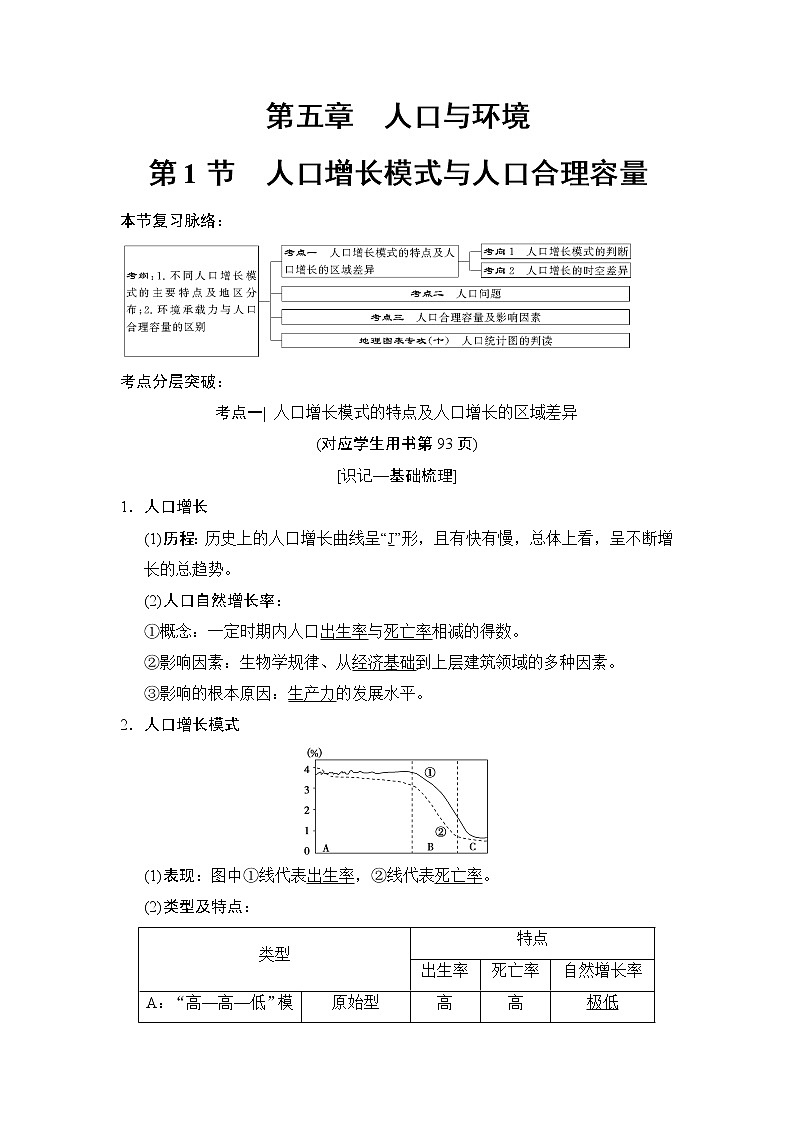 2019版高考地理总复习（湘教版通用）一轮复习讲义：第5章第1节人口增长模式与人口合理容量第1页