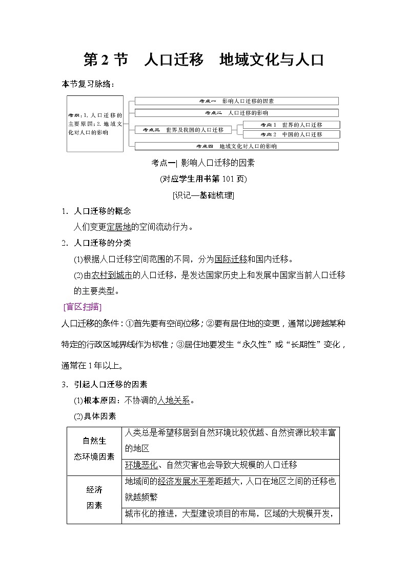 2019版高考地理总复习（湘教版通用）一轮复习讲义：第5章第2节人口迁移地域文化与人口第1页