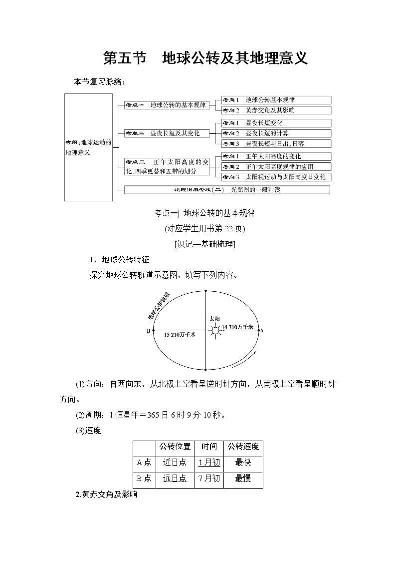 2019版高考地理总复习（鲁教版通用）一轮复习讲义：第1单元第5节　地球公转及其地理意义第1页