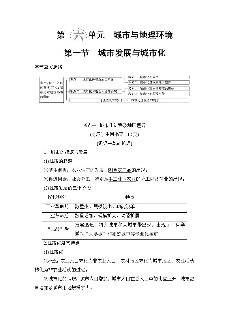 2019版高考地理总复习（鲁教版通用）一轮复习讲义：第6单元第1节　城市发展与城市化第1页