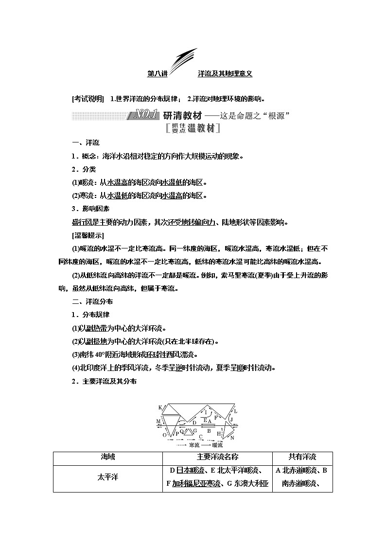 2020版一轮复习地理江苏专版学案：第一部分第二单元第八讲洋流及其地理意义01
