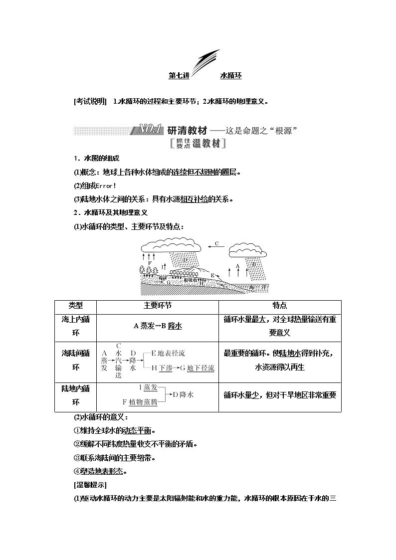 2020版一轮复习地理江苏专版学案：第一部分第二单元第七讲水循环01