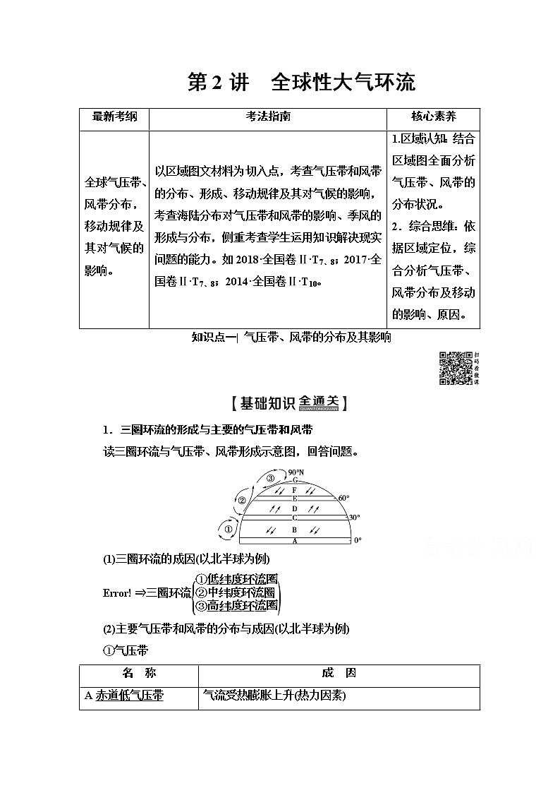 2020版新一线高考地理（中图版）一轮复习教学案：第1部分第2章第2讲　全球性大气环流01