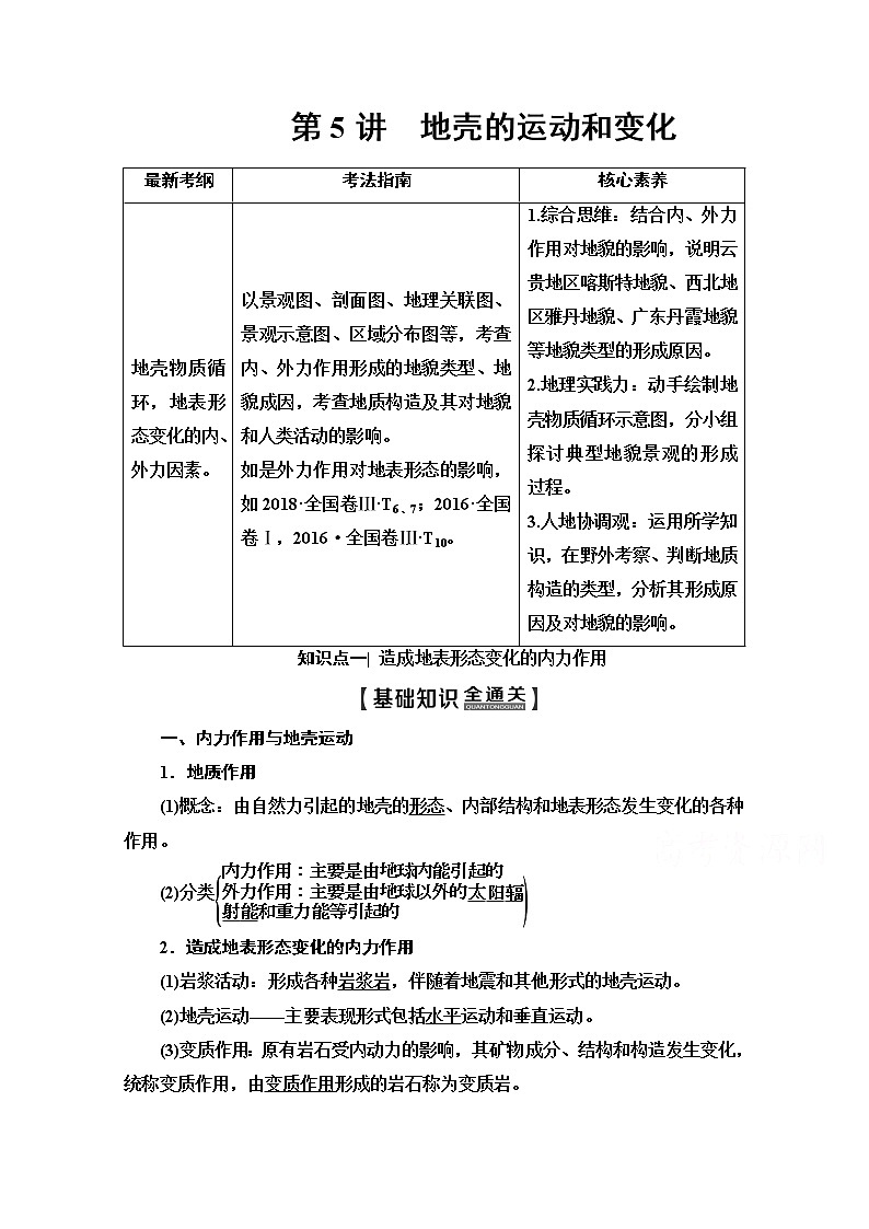 2020版新一线高考地理（中图版）一轮复习教学案：第1部分第2章第5讲　地壳的运动和变化01