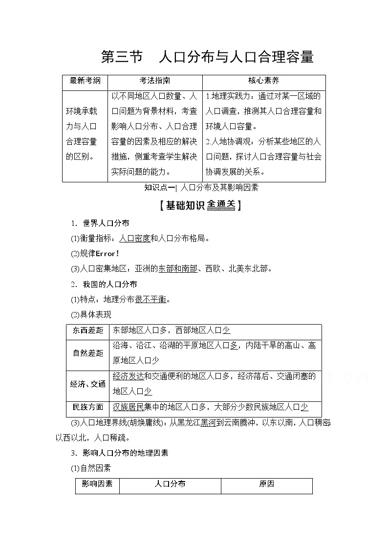 2020版新一线高考地理（鲁教版）一轮复习教学案：第2部分第5单元第3节人口分布与人口合理容量01