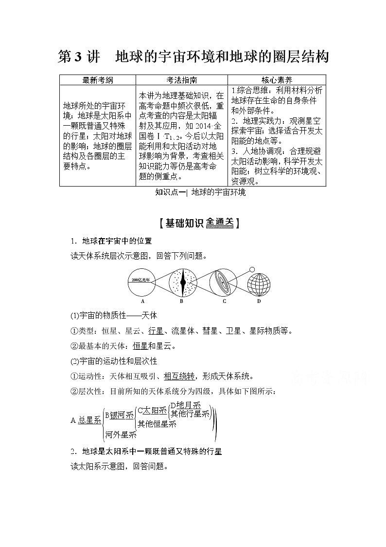 2020版新一线高考地理（人教版）一轮复习教学案：第1部分第1章第3讲　地球的宇宙环境和地球的圈层结构01