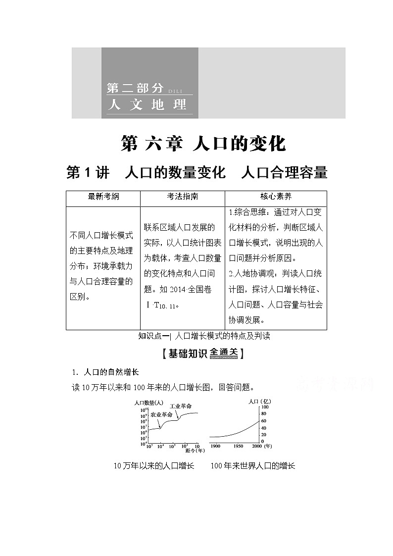 2020版新一线高考地理（人教版）一轮复习教学案：第2部分第6章第1讲　人口的数量变化　人口合理容量01